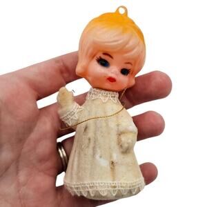 Vintage 1960s Flocked Blow Mold Style Christmas Ornament Little Girl Doll